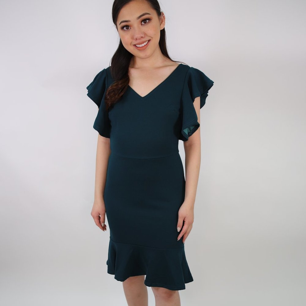 Teal Green Ruffled Asymmetrical Dress w/ Back Zip